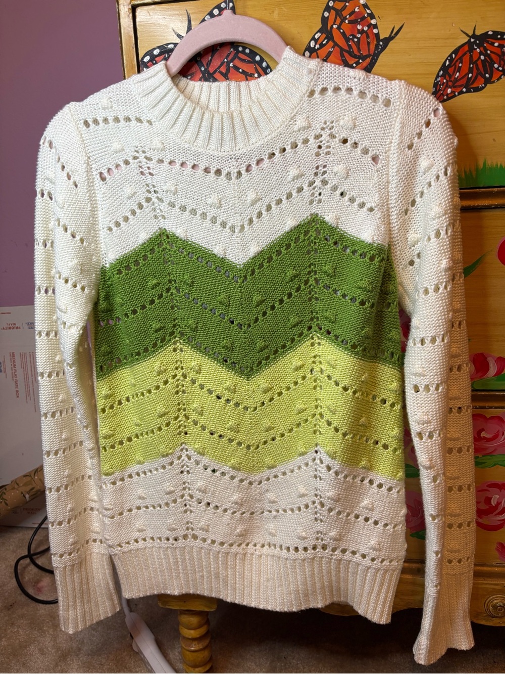 Greylin Cream Knit Crewneck Sweater with Green Chevron Stripes